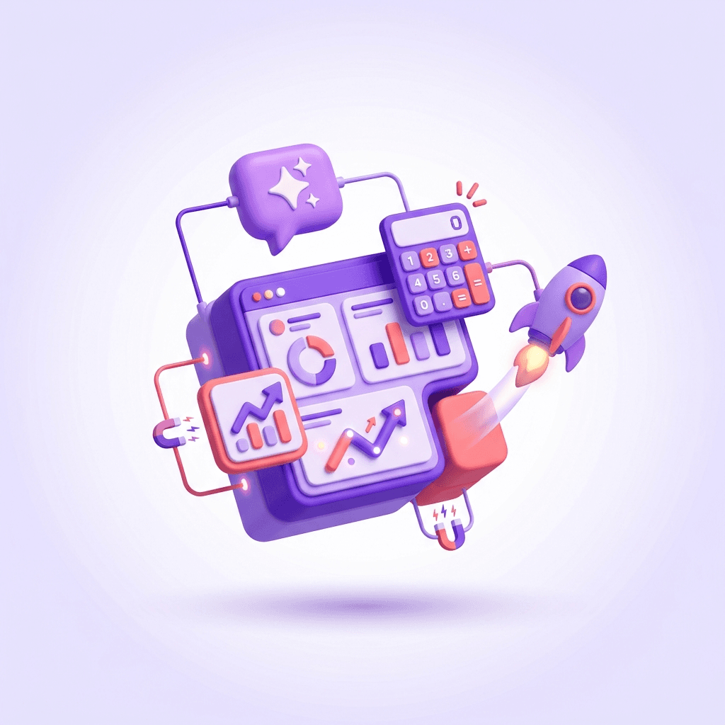 Ilustrasi Bangun Bisnis OS — modul dashboard, kalkulator, AI, dan roket