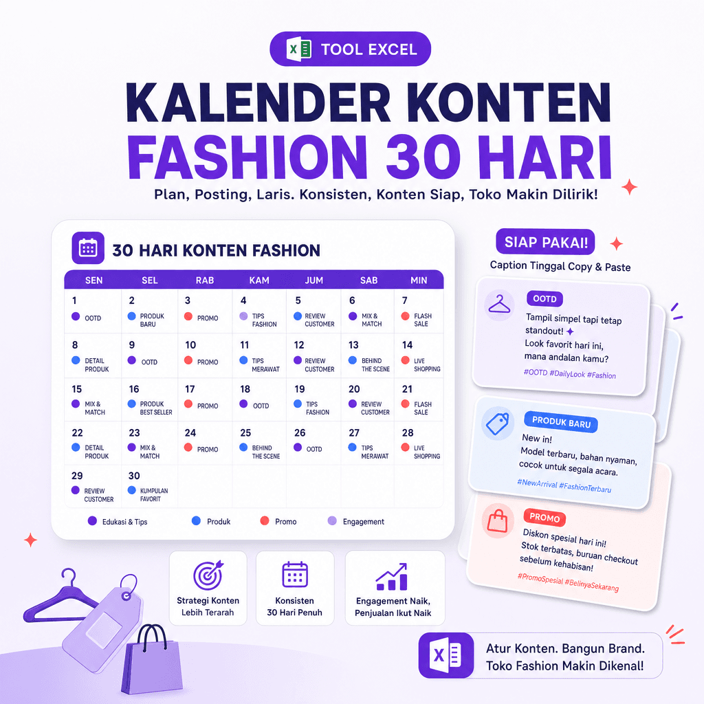 Editorial plan fashion seller — 30 hari + 30 caption jadi