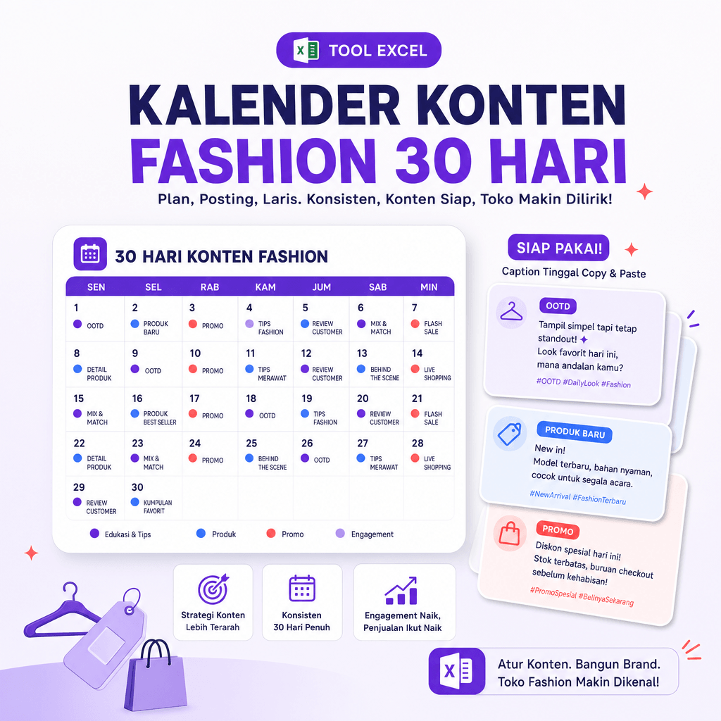 Editorial plan fashion seller — 30 hari + 30 caption jadi