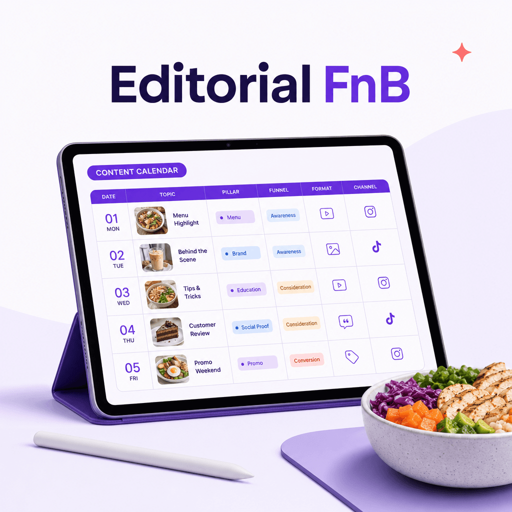 Editorial plan f&b seller — 30 hari + 30 caption jadi