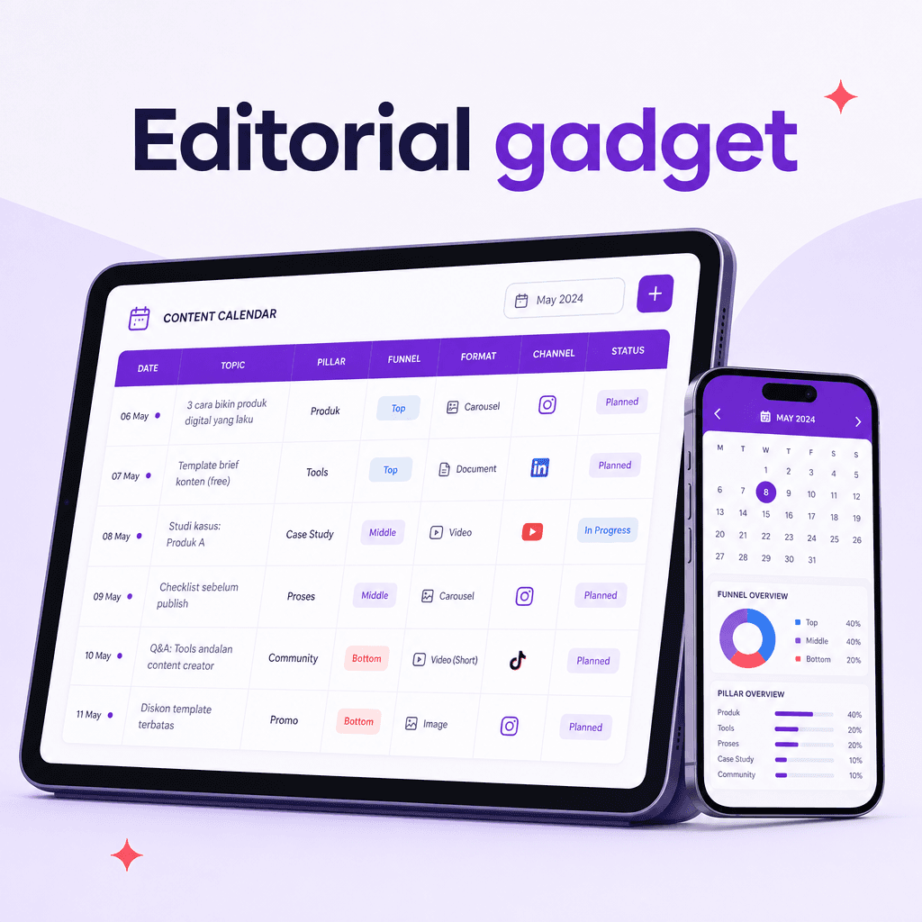 Editorial plan gadget seller — 30 hari + 30 caption jadi